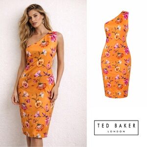 NEW Ted Baker Lacieyy Orange Floral One-Shoulder Dress